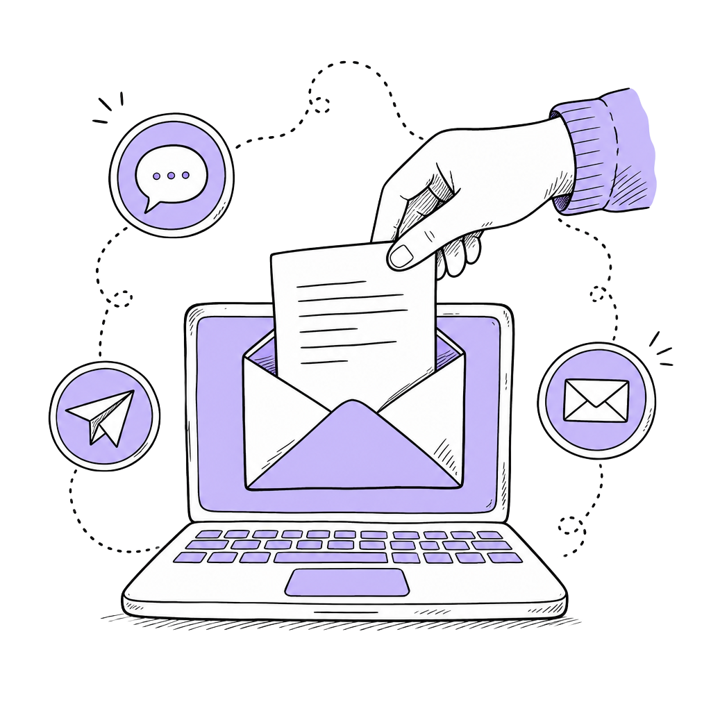 Ilustração de mão enviando mensagem em um laptop conectado a vários canais